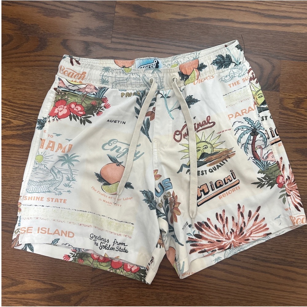 Fresh Prints of Bel-Air Mens Miami Austin Postcard Swim Trunks Cream Small